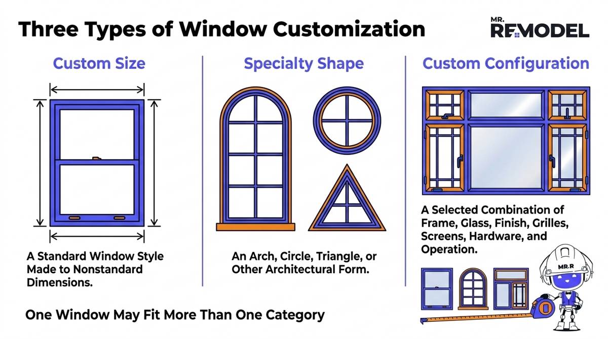 Comparison of custom-size, specialty-shape, and custom-configuration replacement windows.